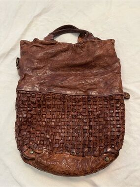 Langellotti Made In Italy Brown Woven Leather Oversized Boho Distressed Tote/Bag